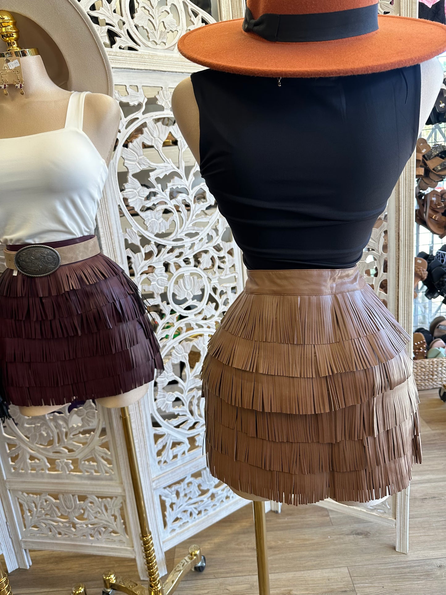 Faux Leather Fringe Mini Skirt-No Estira, Not Stretchy