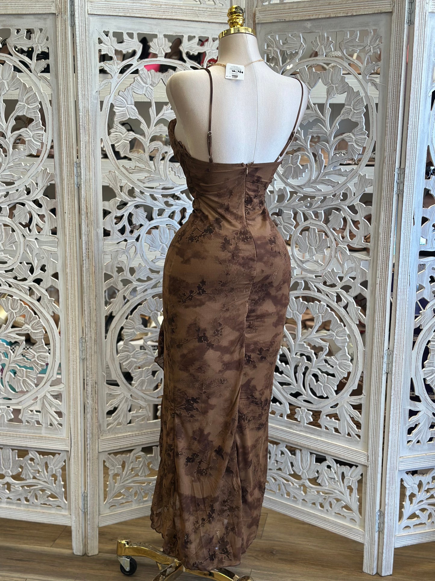Earth Brown Floral Draped Ruffle Midi Dress-Estira, Stretchy