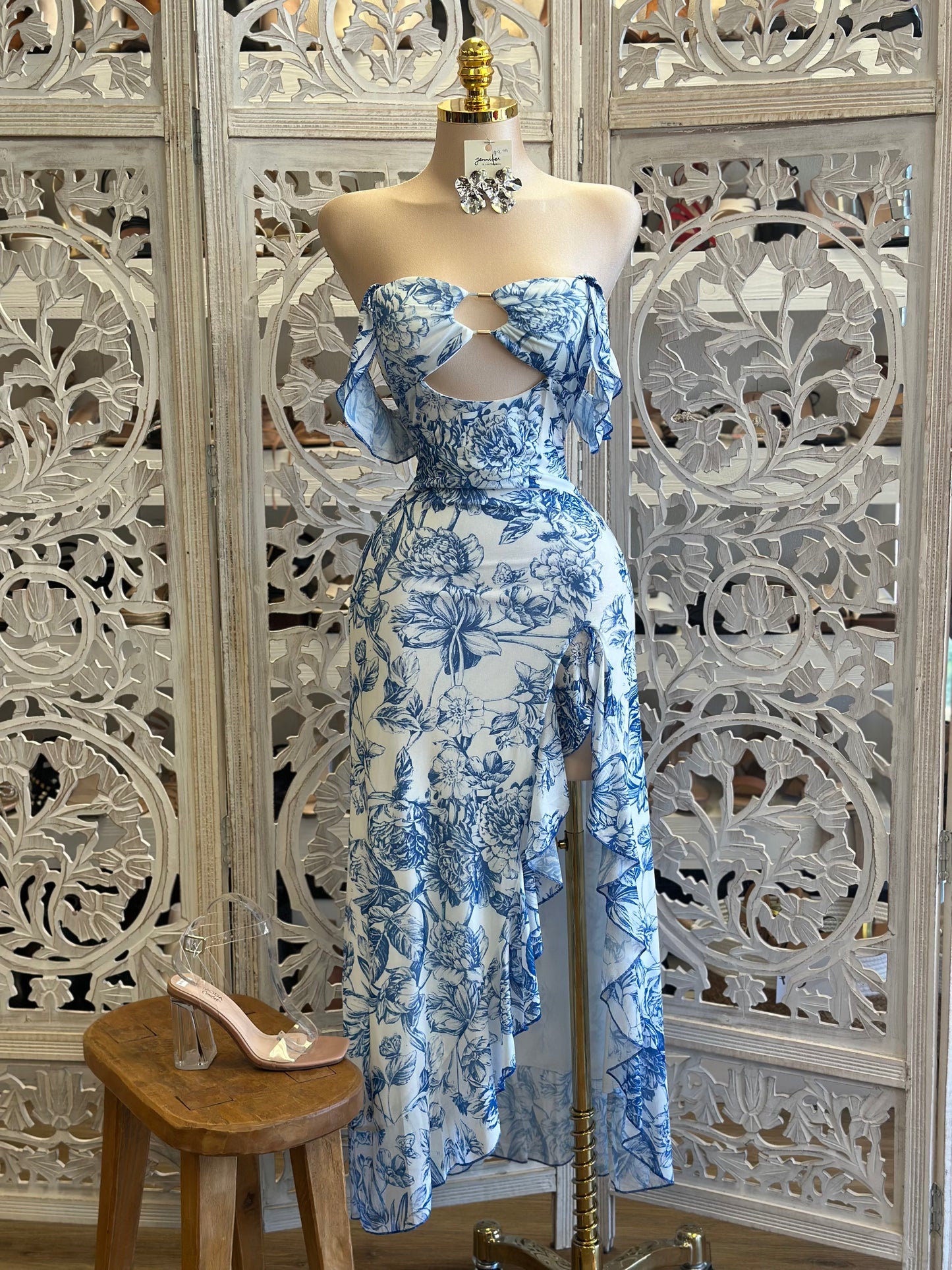 Blue Floral Keyhole Cutout Midi Dress- Stretchy, Estira