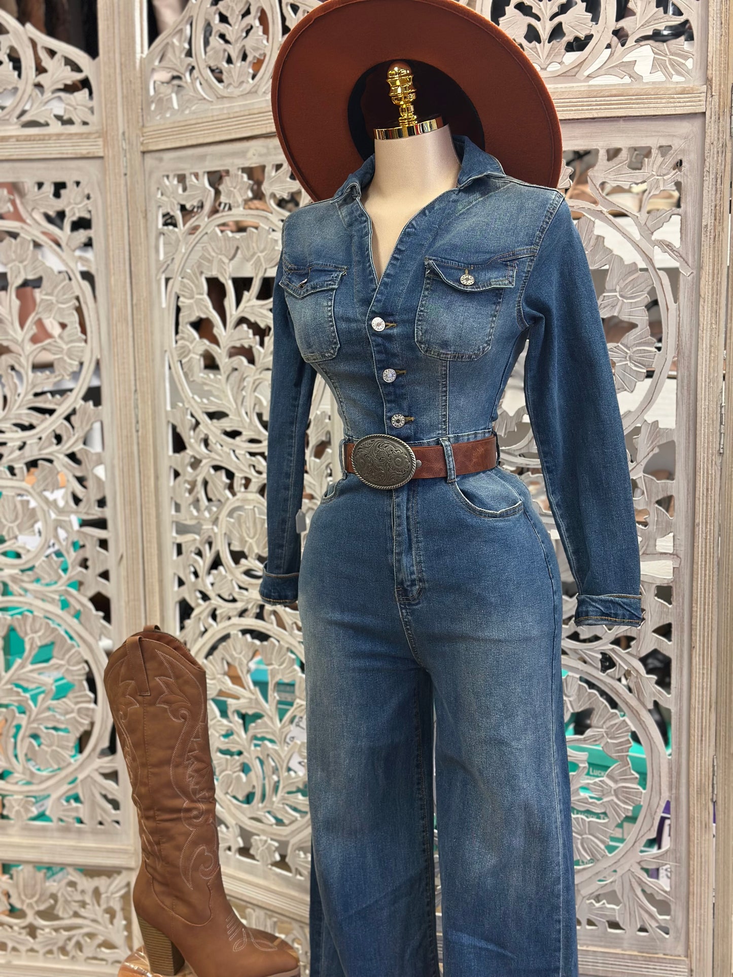 Denim Wide Leg Jumpsuit- Stretchy, Estira
