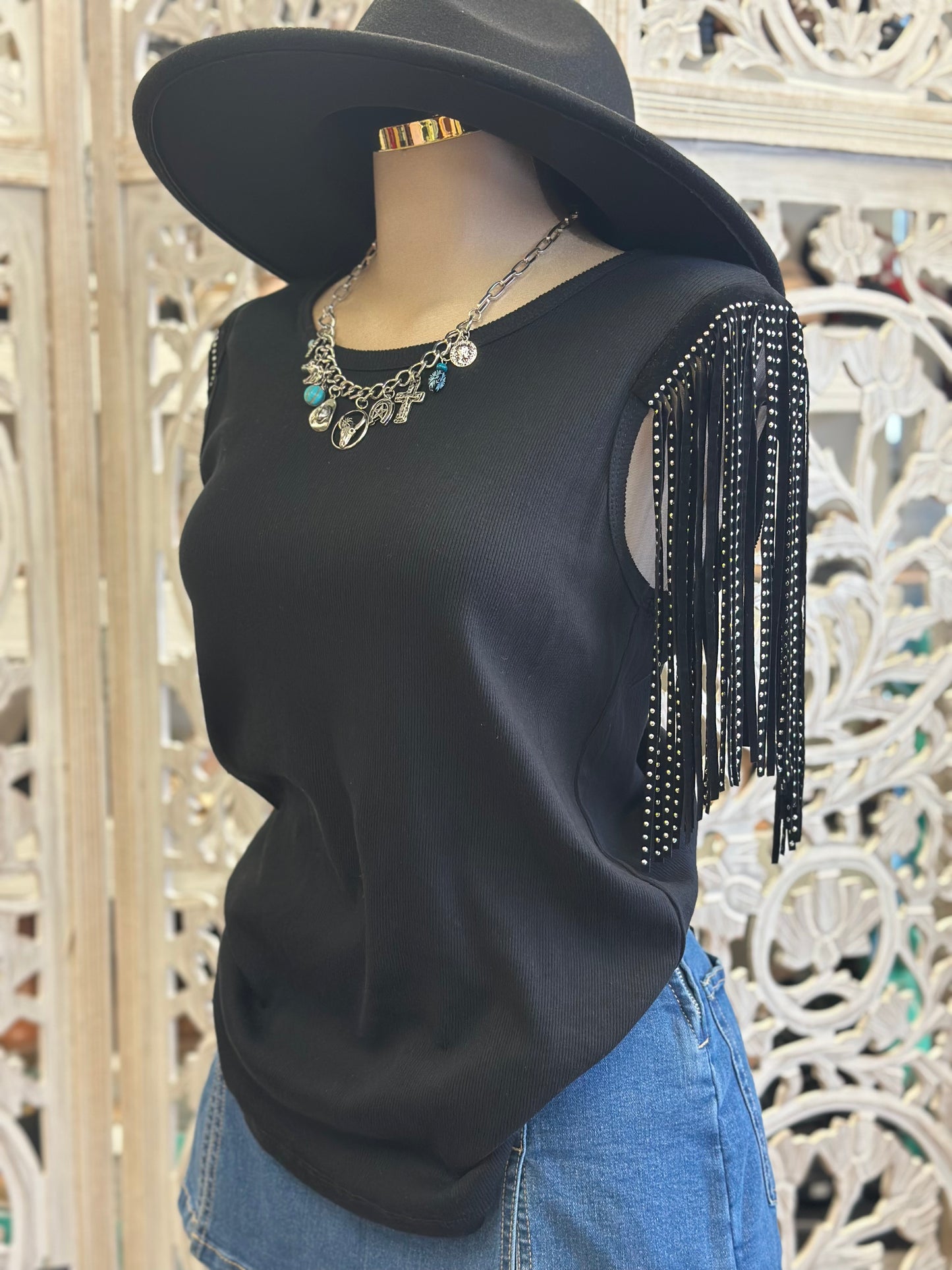 Beaded Fringe Ribbed Blouse- Estira, Stretchy