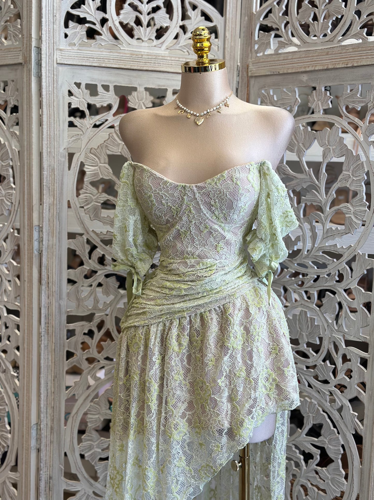 Lime Lace Boho High Low Dress- Not Stretchy, No Estira