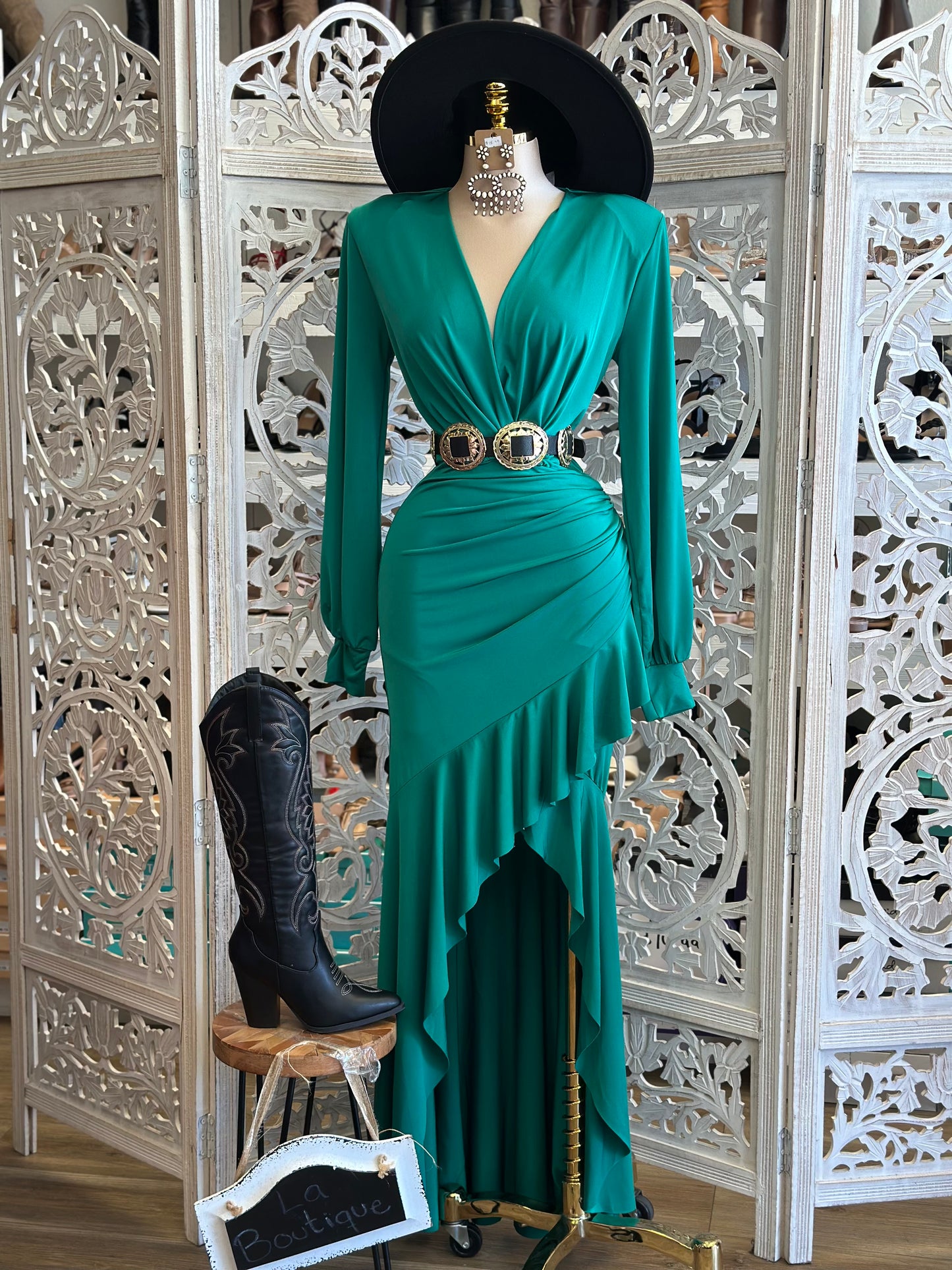 Persian Green Asymmetrical Ruffle Dress-Estira, Stretchy