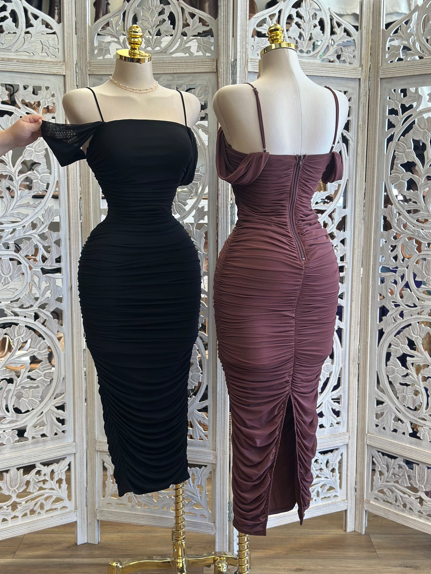 Off Shoulder Ruched Midi Dress- Stretchy