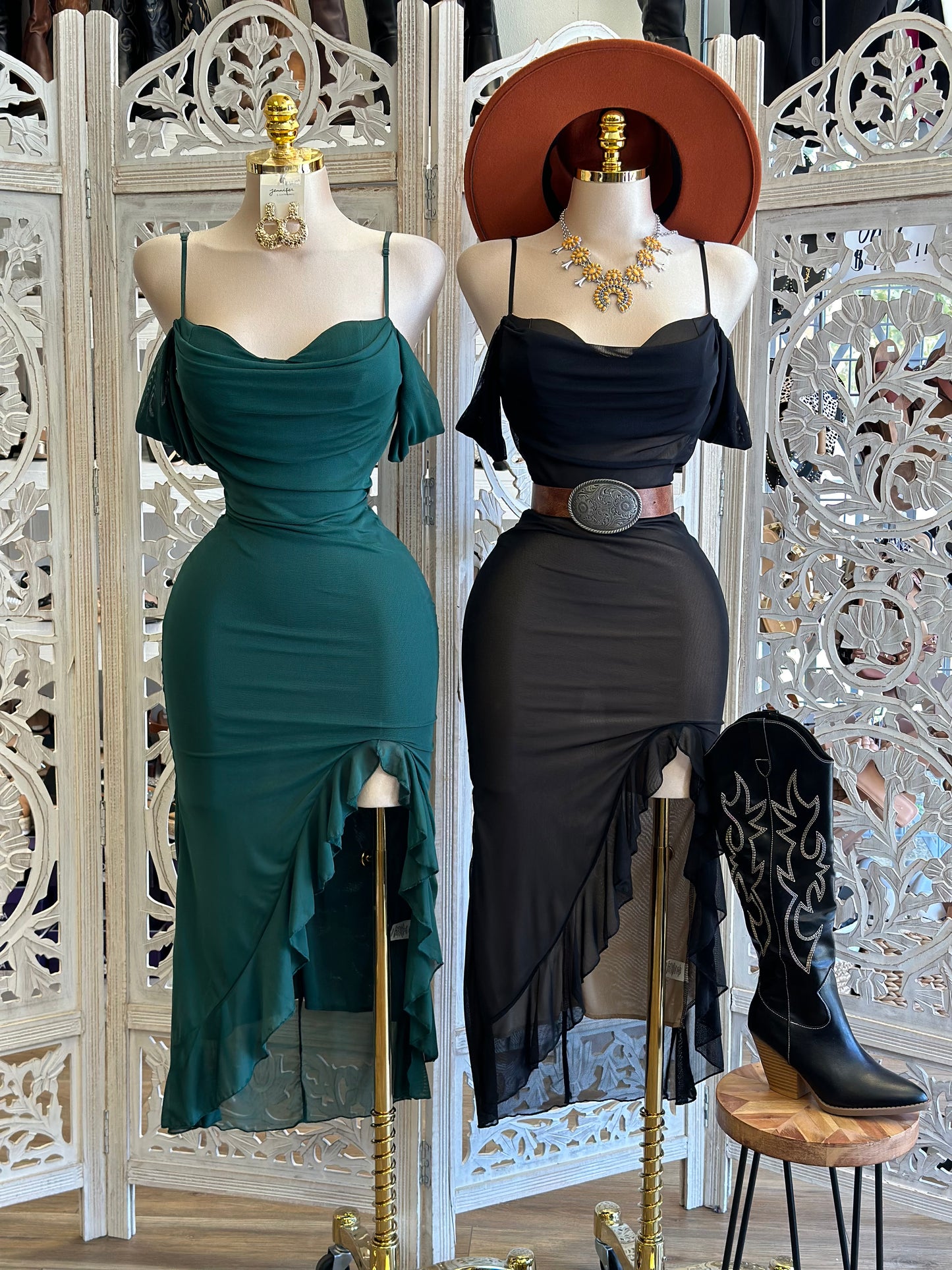 Mesh Off Shoulder Midi Dress- Stretchy,Estira