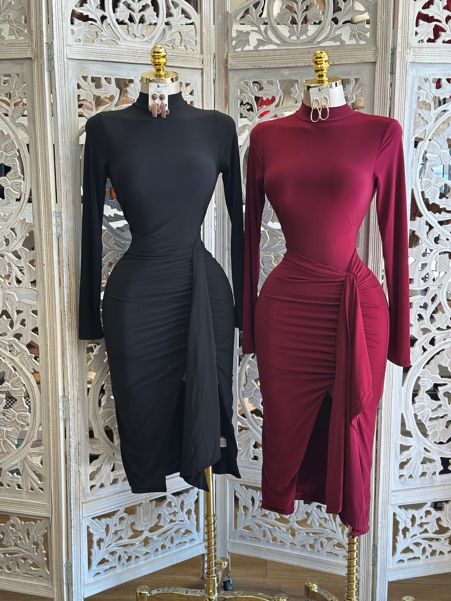 Mock Neck Knotted Dress- Stretchy,Estira