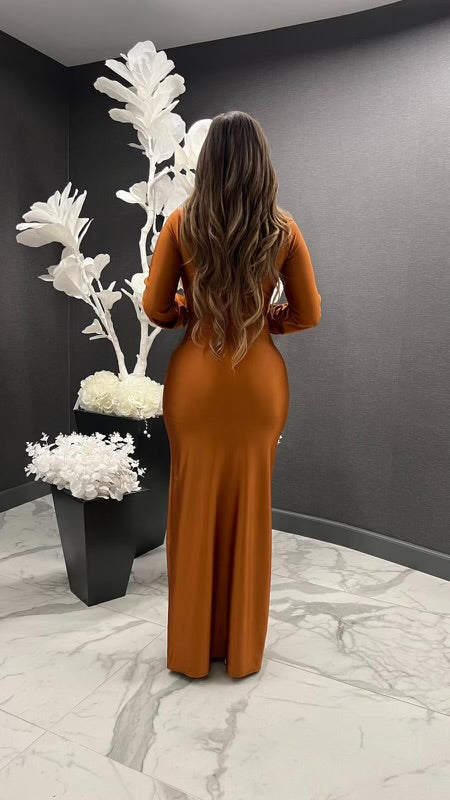 Copper Deep V Split Ruched Maxi Dress- Stretchy, Estira