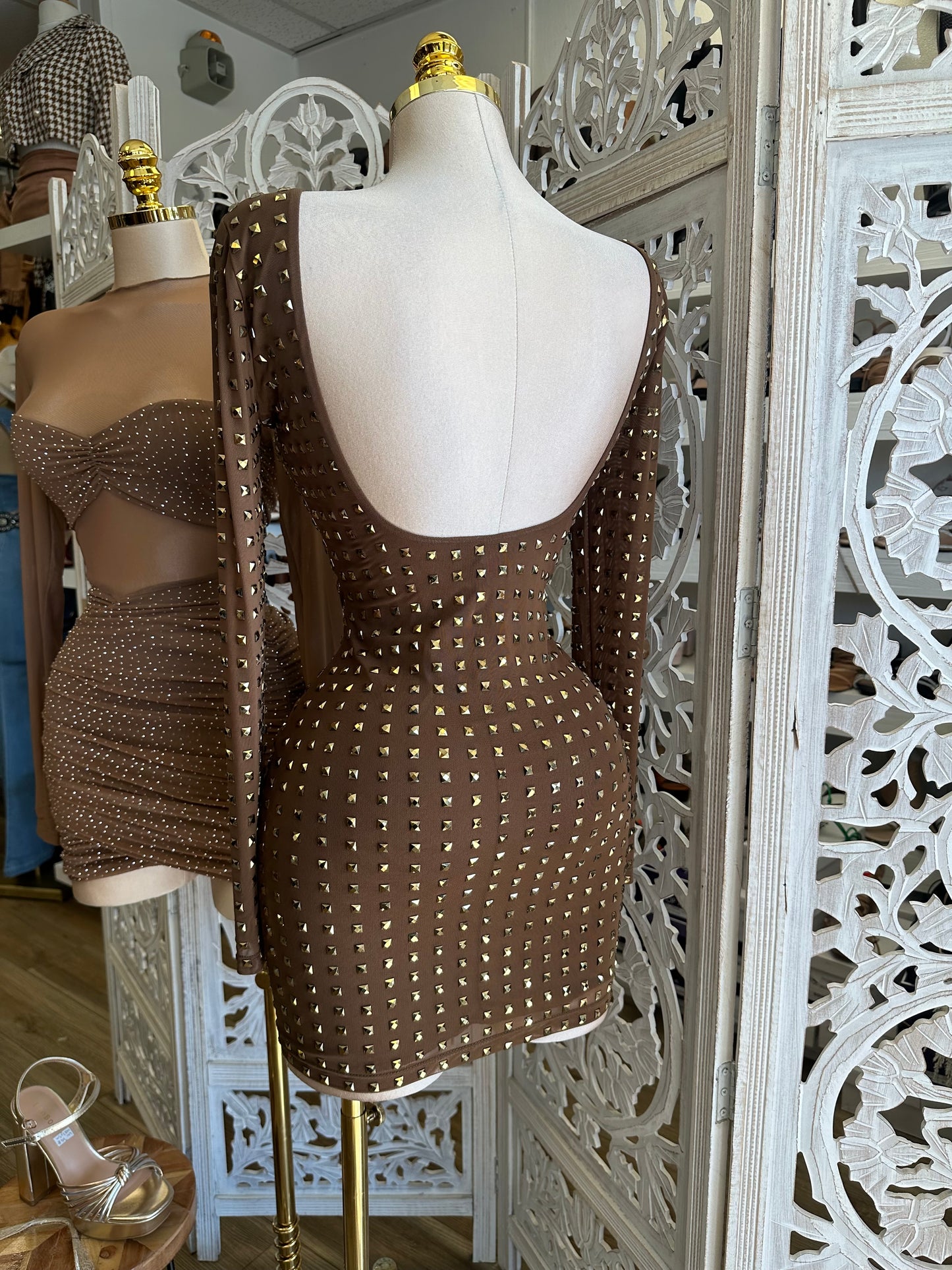 Gold Rhinestone Scoop Back Mini Dress- Stretchy, Estira