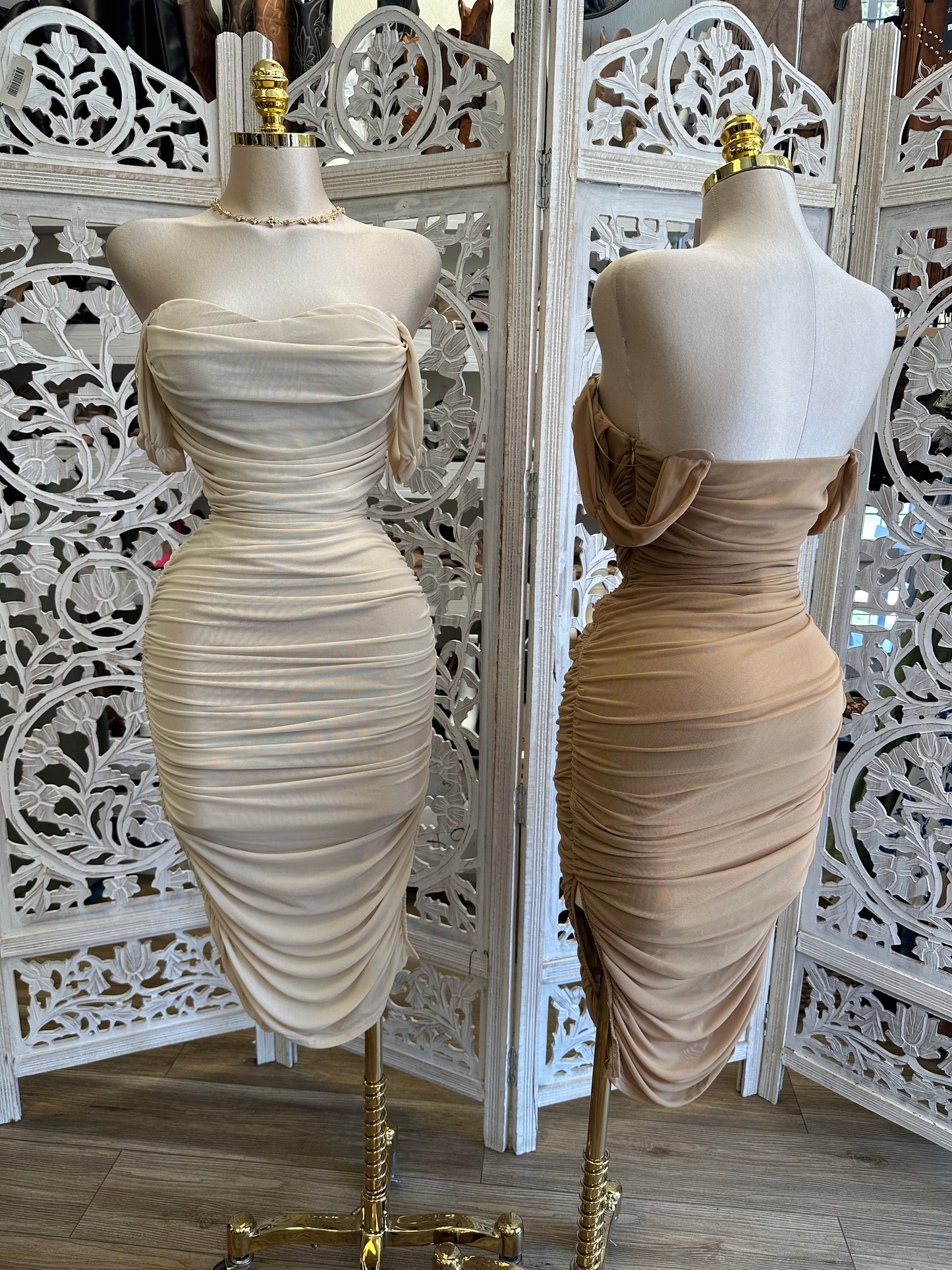 Off Shoulder Ruched Dress- Stretchy, Estira