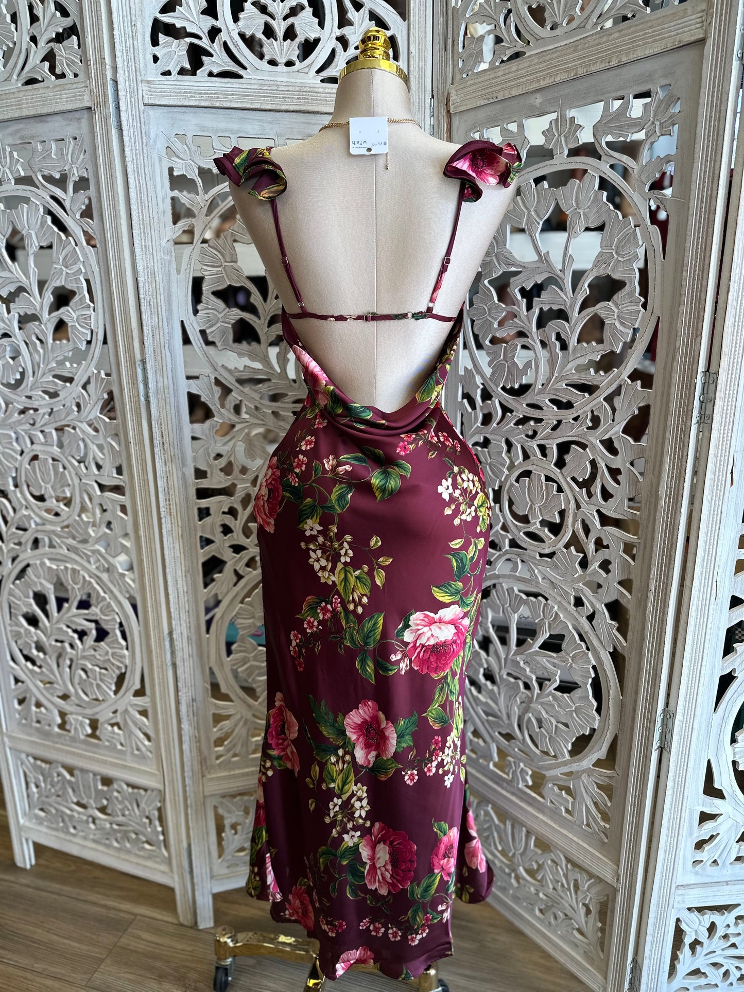 Burgundy Floral Midi Dress- Not Stretchy, No Estira