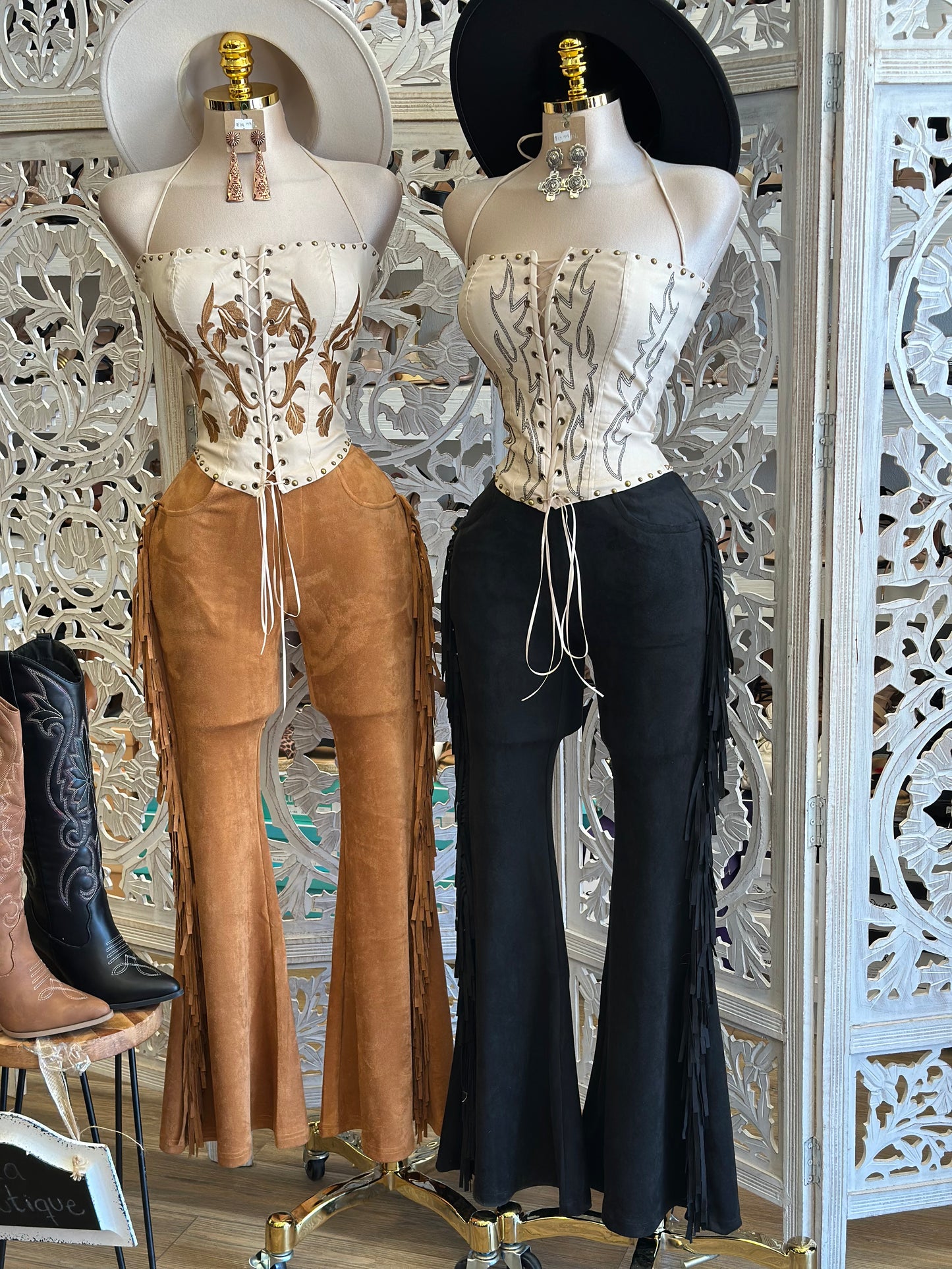 Suede Fringe Flare Pants - Estira, Stretchy