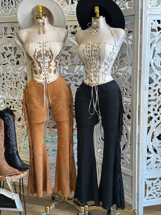 Suede Fringe Flare Pants - Estira, Stretchy