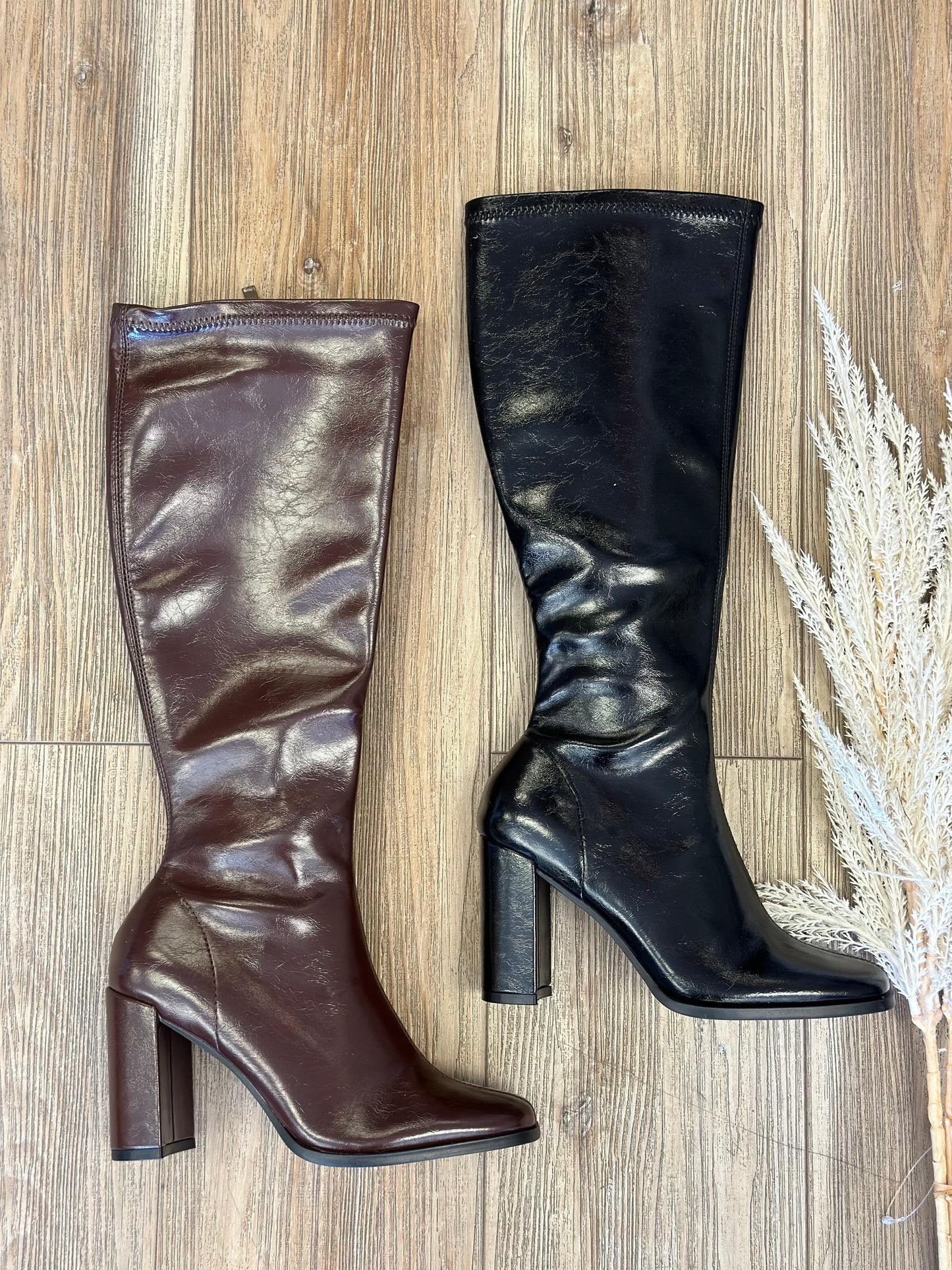 Faux Leather Mid Length Square Toe Boots