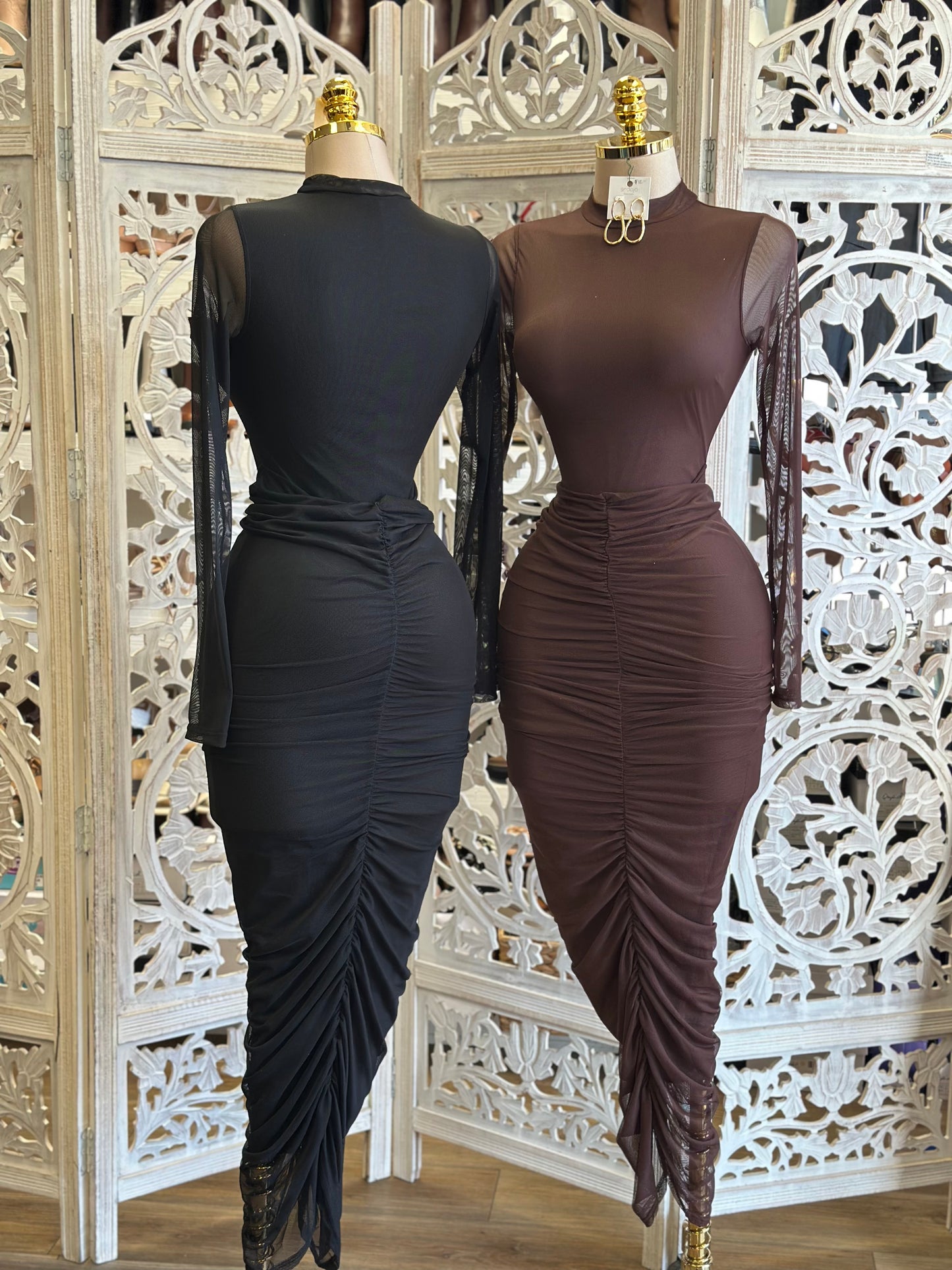 Mesh Embroidered Sleeve Ruched Dress- Stretchy,Estira