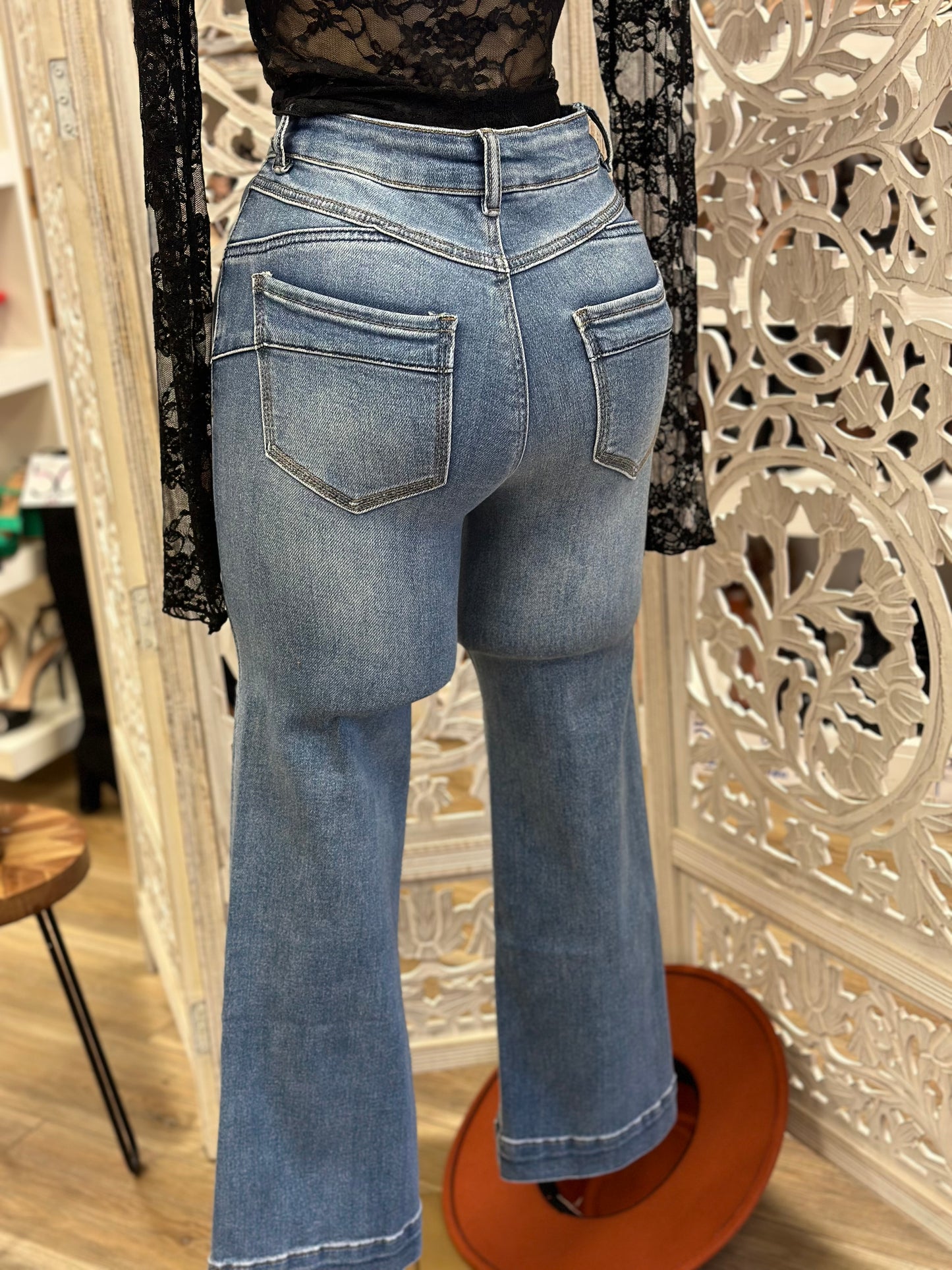 Medium Wash High Rise Wide Leg Jeans- Stretchy