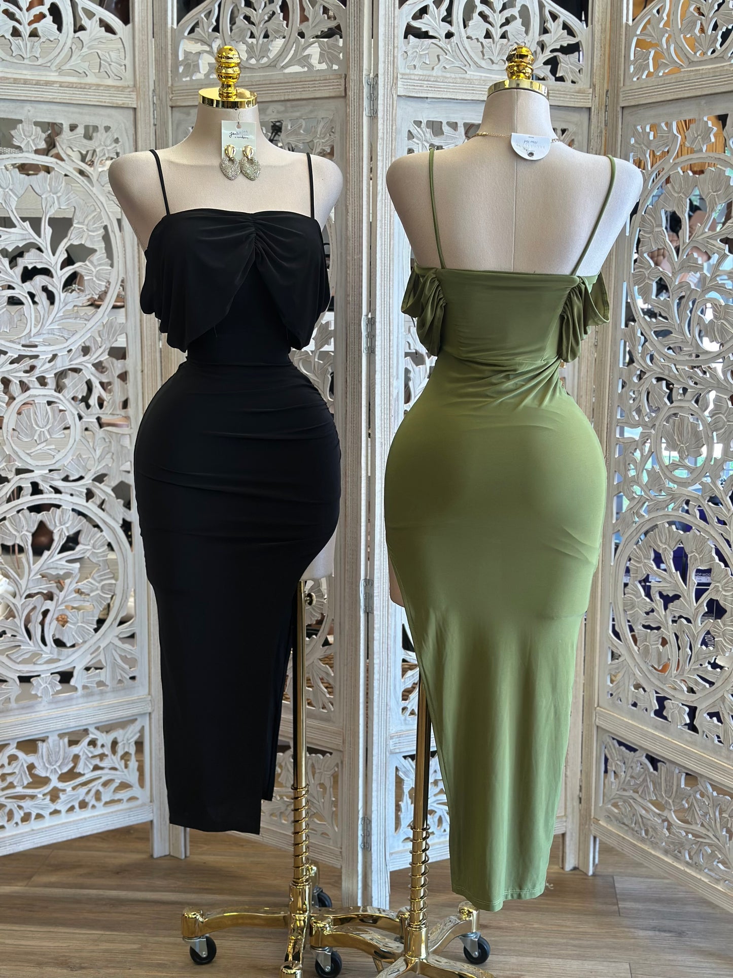 Draped Ribbon Oval Slit Midi Dress-Estira , Stretchy