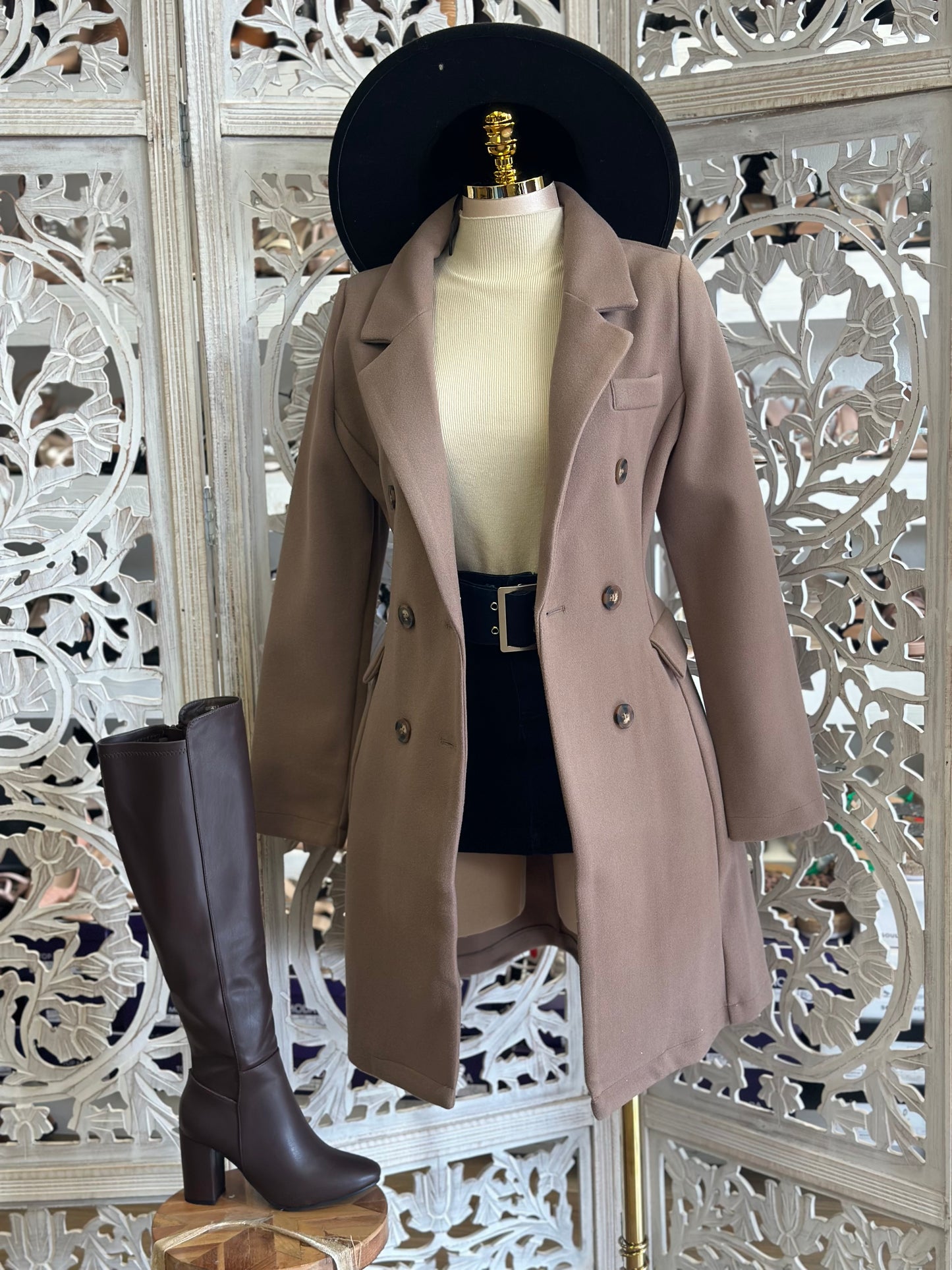 Taupe Two Button Coat- Stretchy, Estira