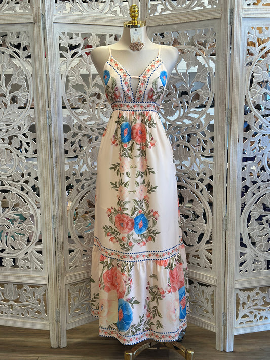 Floral Bohemian Deep V Maxi Dress-Estira, Stretchy