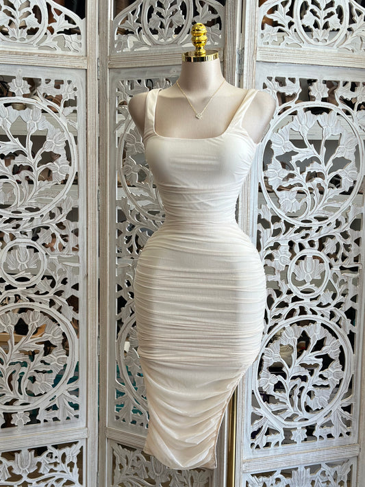 Ivory Scoop Neck Ruched Midi Dress -Estira, Stretchy