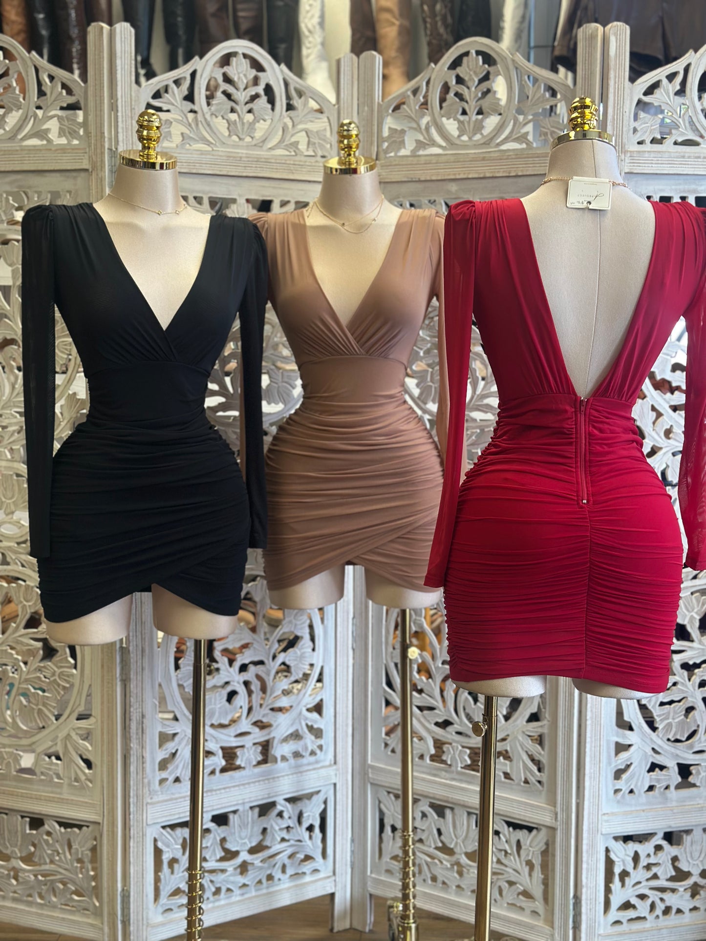 Plunged Neckline Mini Dress- Estira Poco  , Slightly Stretchy