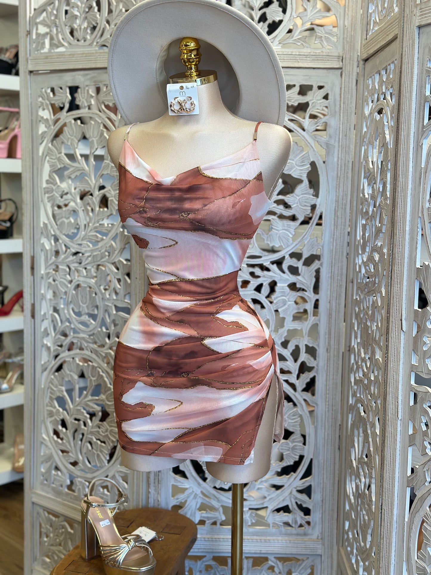 Rust Tie Dye Mini Cowl Neck Mini Dress- Estira, Stretchy