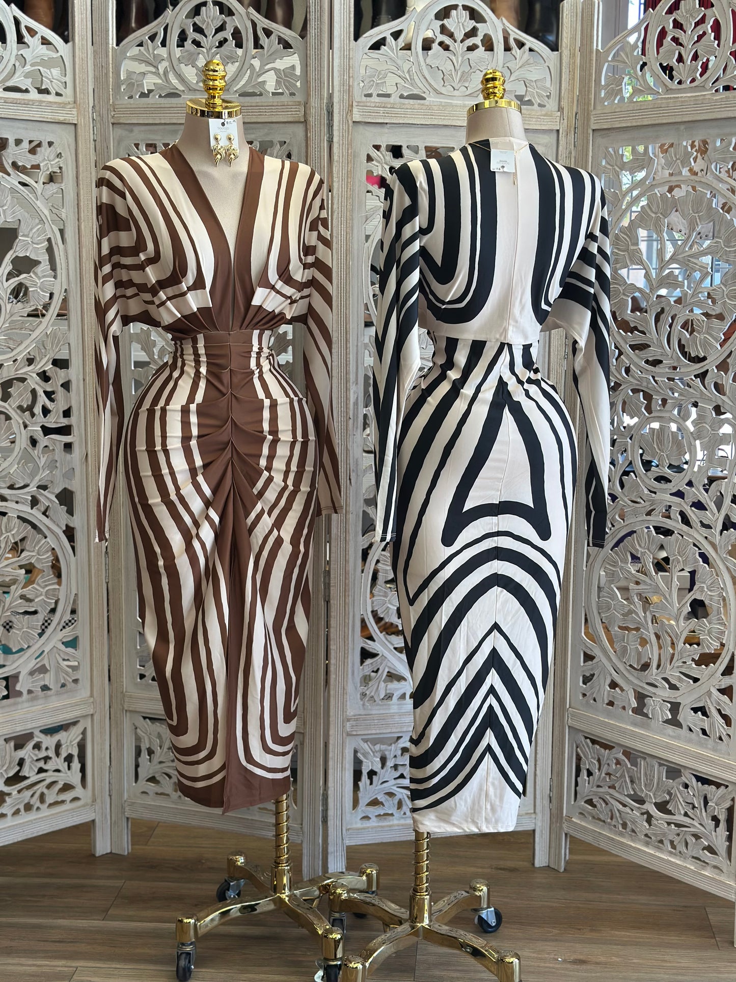 Deep V Striped Ruched Dress- Stretchy,Estira