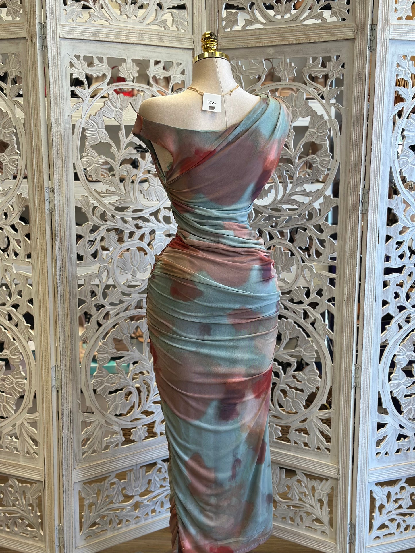 Pattern Asymmetrical Ruched Dress- Stretchy, Estira