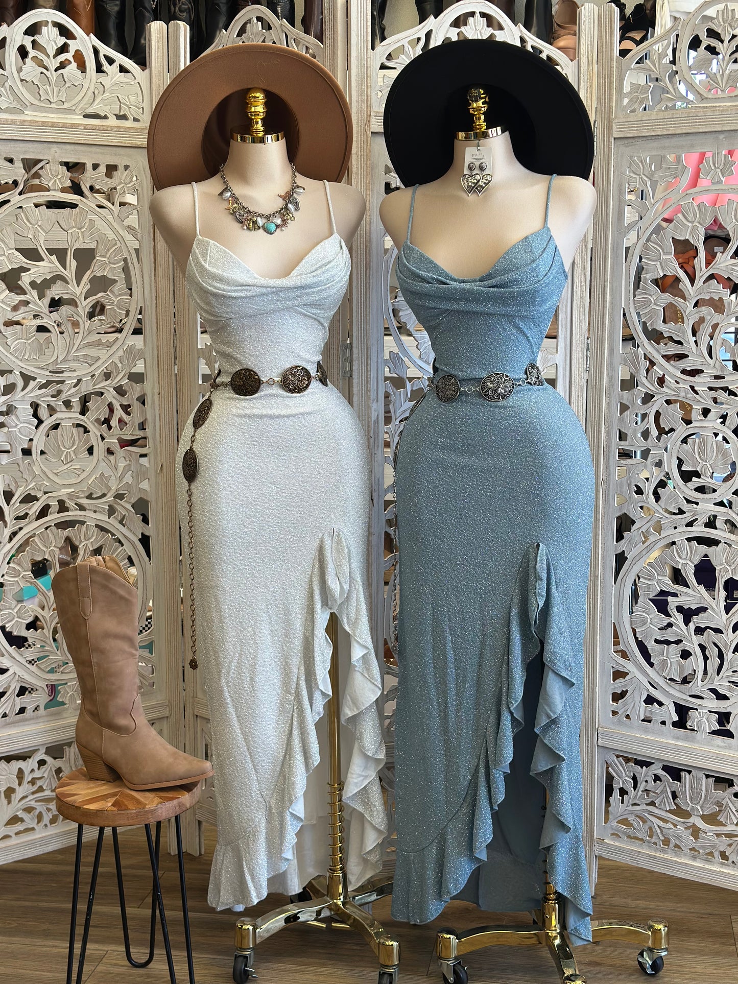 Shimmery Ruffle Slit Cami Midi Dress - Estira, Stretchy