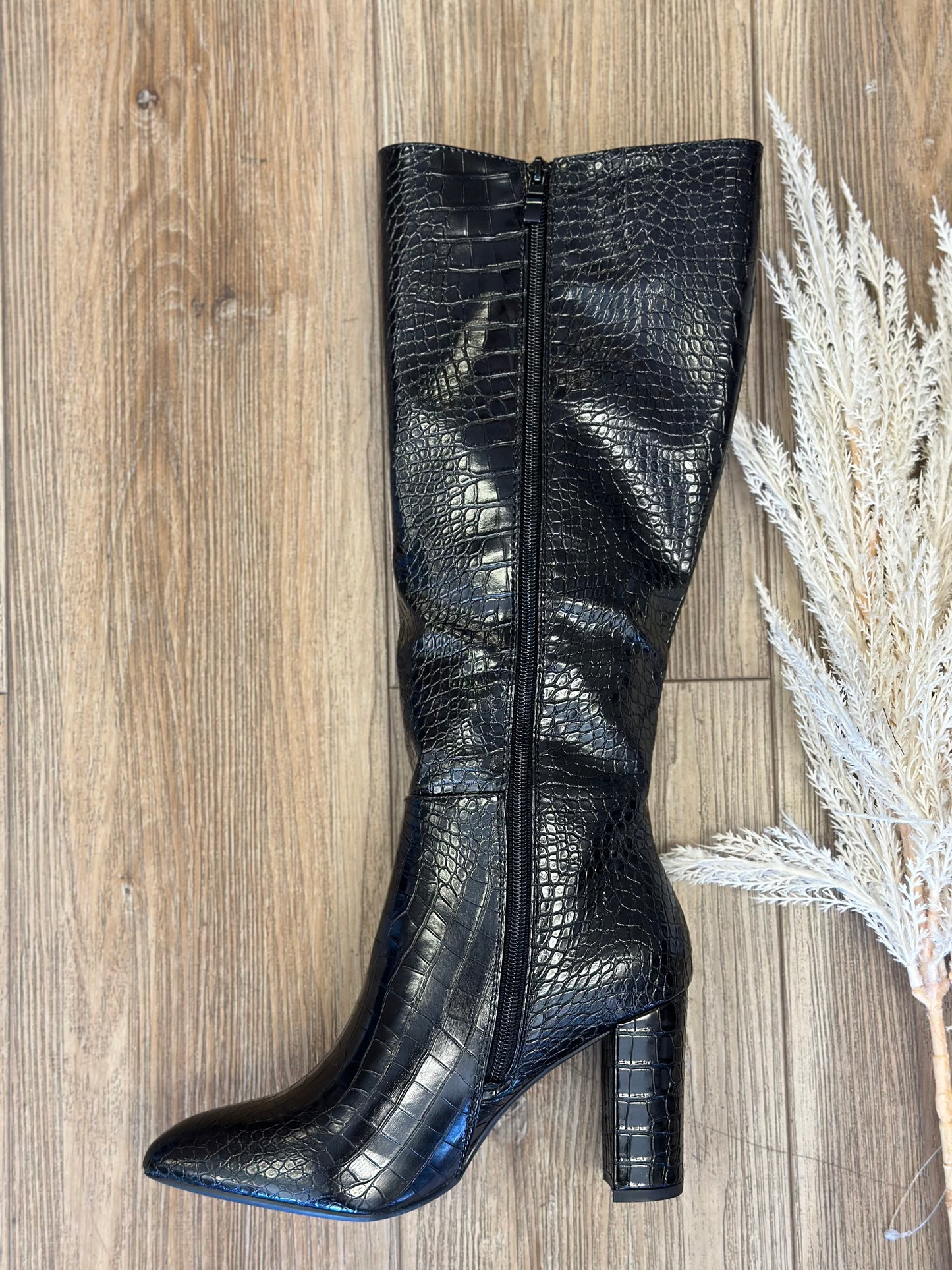 Black Faux Leather Mid Length Crocodile Pattern Boots