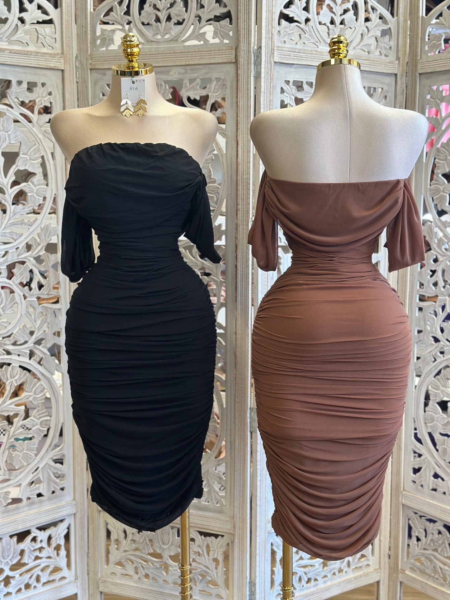 Off Shoulder Ruched Mesh Dress - Estira, Stretchy