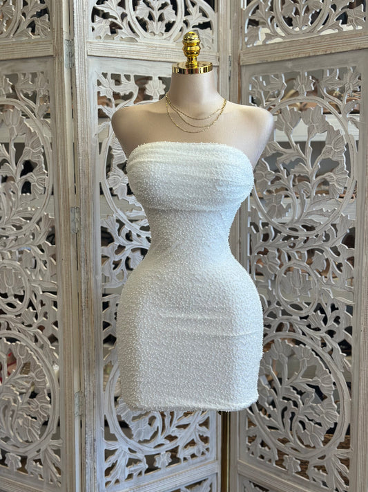 Ivory Strapless Embellished Dress-Estira, Stretchy