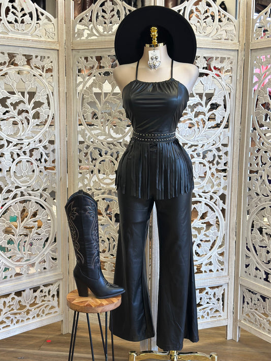 Studded Fringe Faux Leather Jumpsuit - Stretchy,Estira