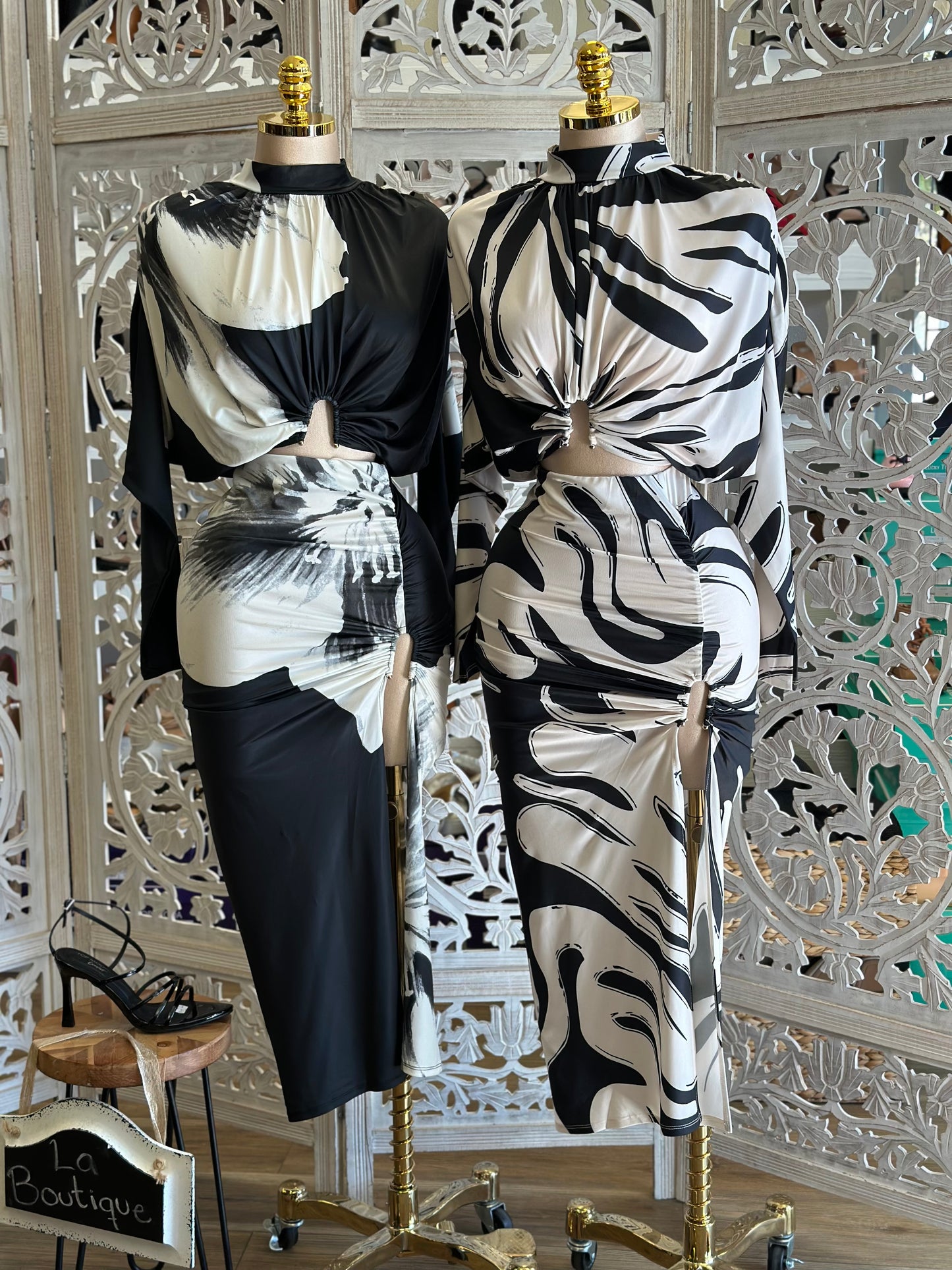 Multi Pattern Draped Top and Skirt Set - Stretchy, Estira