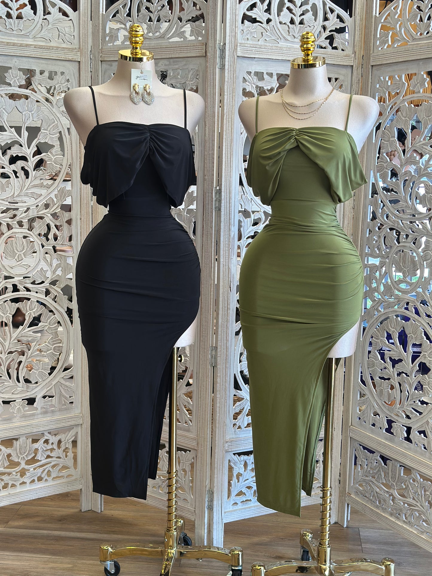 Draped Ribbon Oval Slit Midi Dress-Estira , Stretchy
