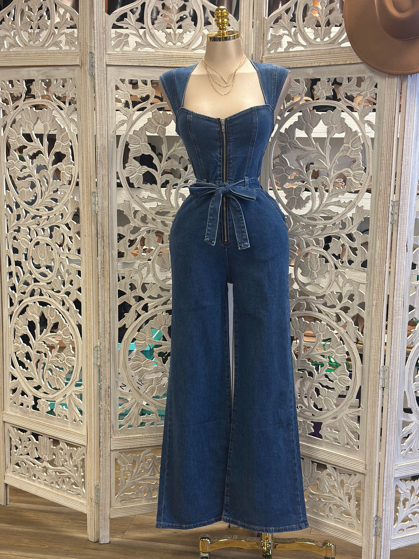 Denim Square Neck Ribbon Jumpsuit - Not Stretchy, No Estira
