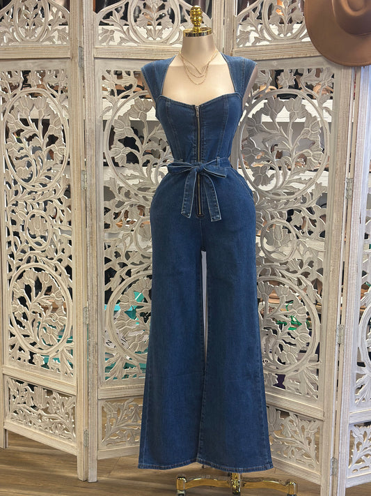 Denim Square Neck Ribbon Jumpsuit - Not Stretchy, No Estira