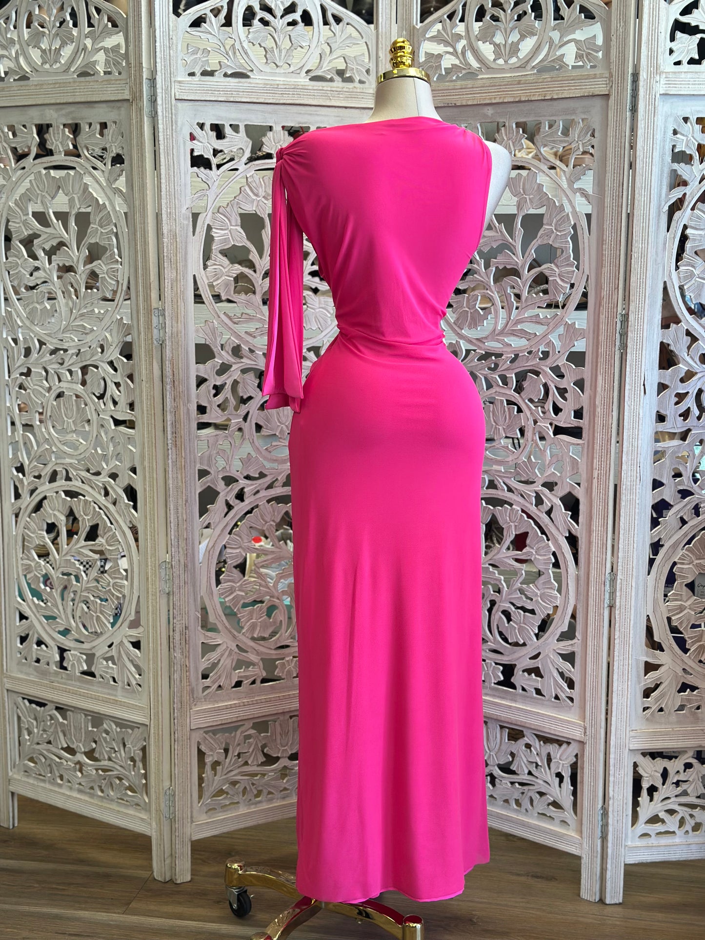 Asymmetrical Sonic Pink Knotted Dress-Estira, Stretchy