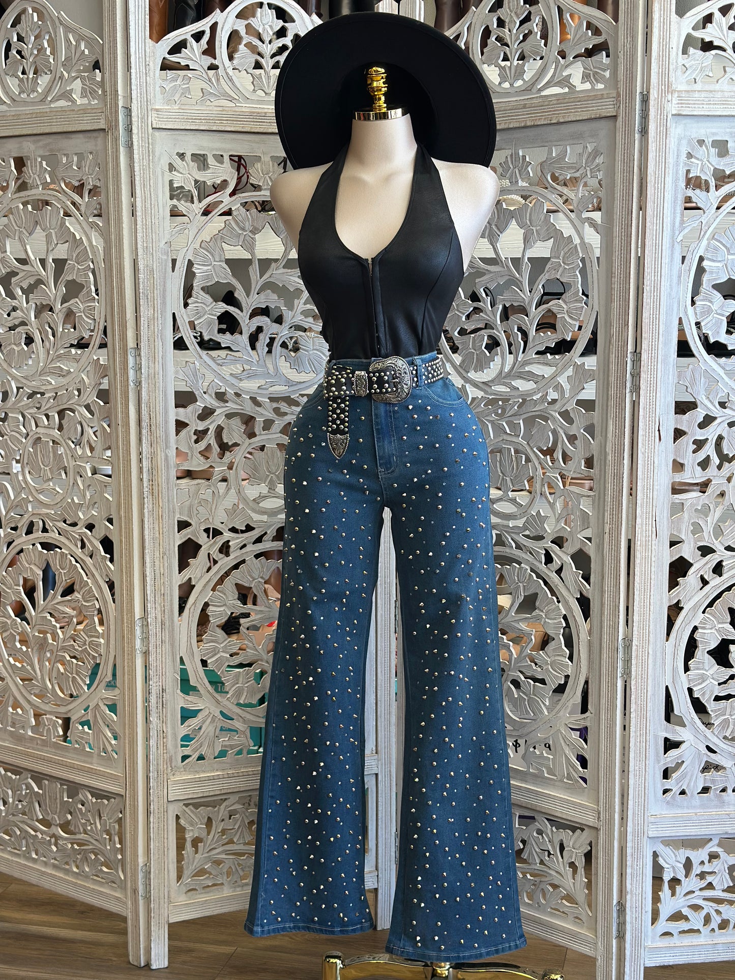 Rhinestone Dark Denim Wide Jeans - Stretchy, Estira