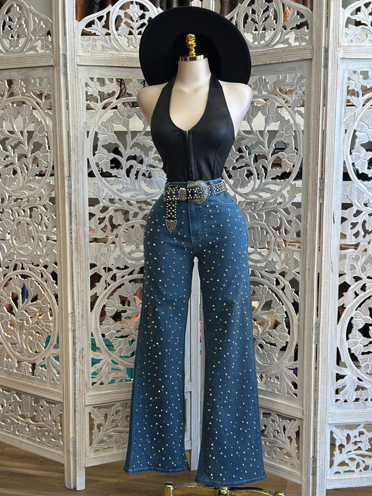 Rhinestone Dark Denim Wide Jeans - Stretchy, Estira