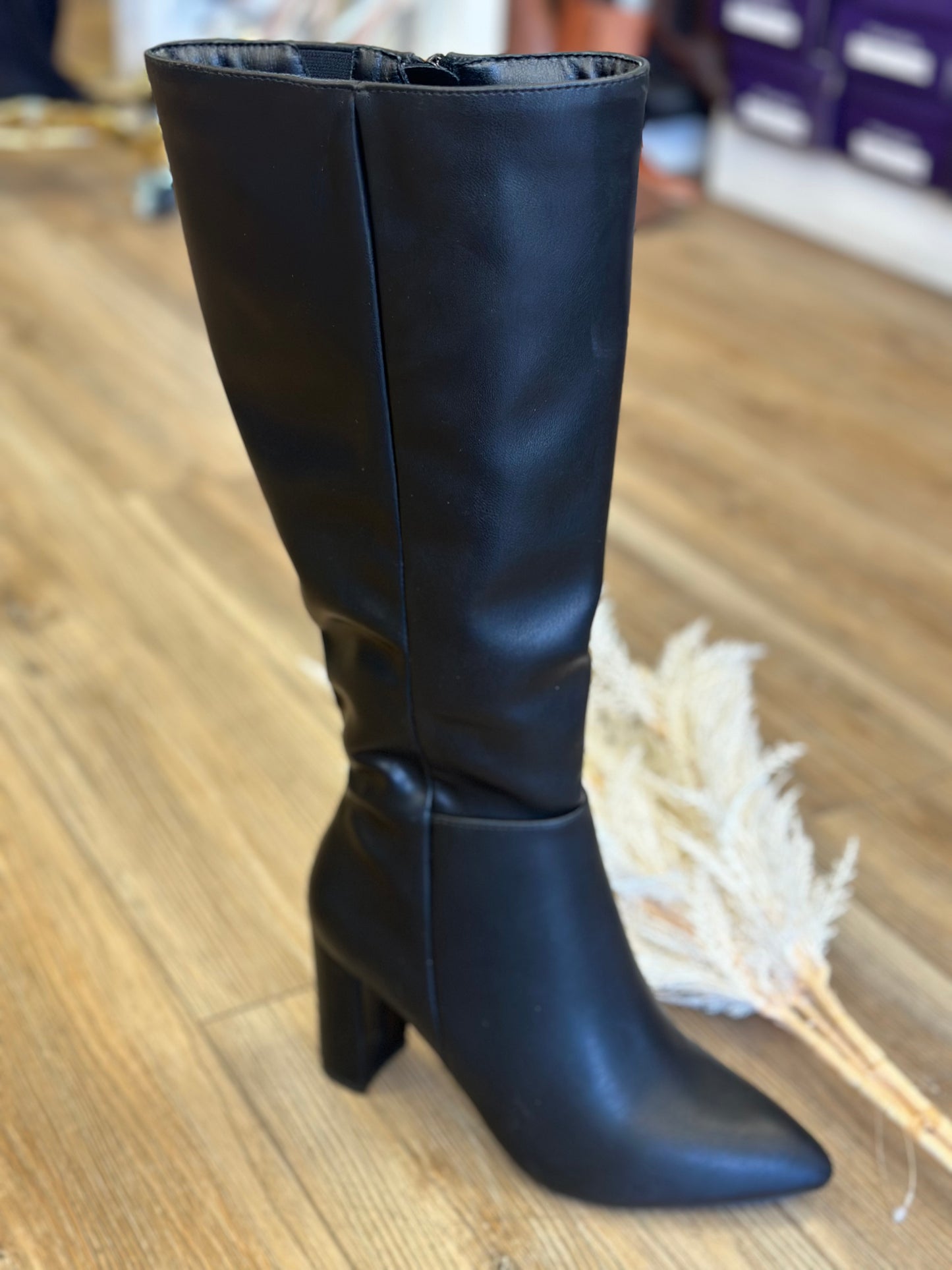 Black Faux Leather Mid Length Pointed Toe Boots