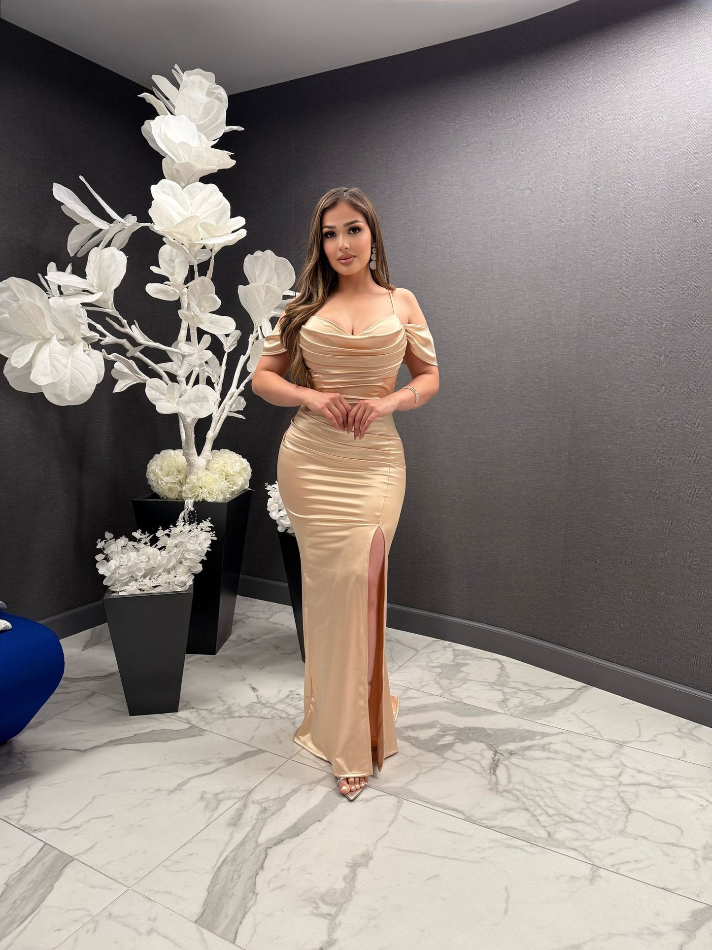 Champagne Draped Sleeve Slit Gown-Estira , Stretchy