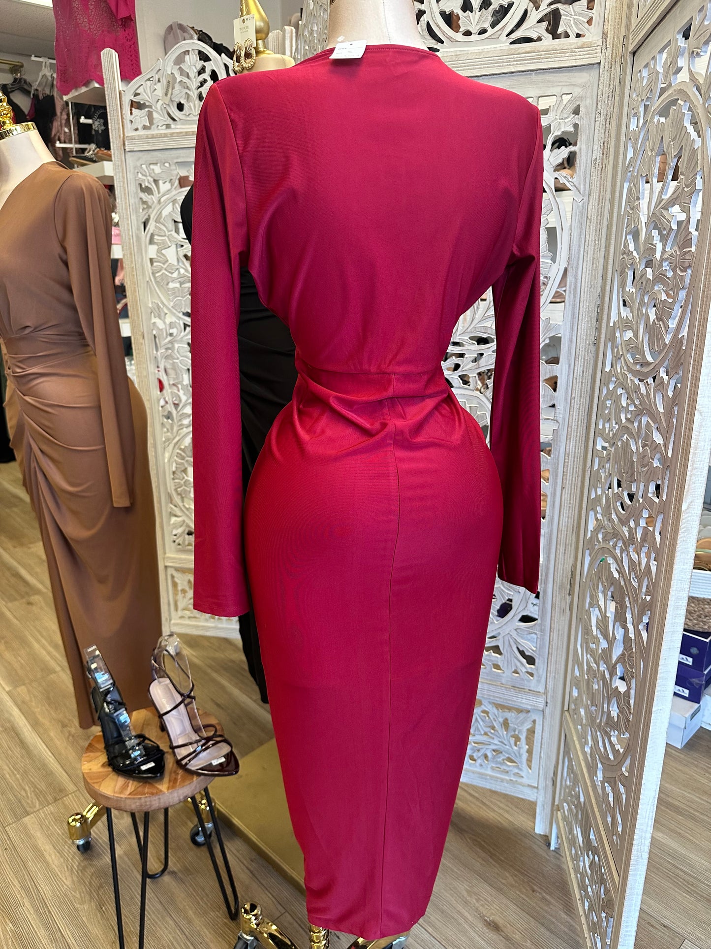 Deep V Ruched Long Sleeve Dress- Stretchy