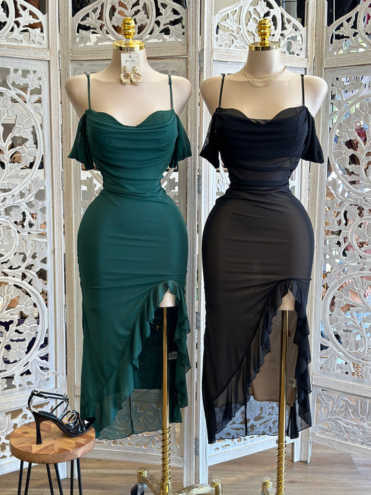 Mesh Off Shoulder Midi Dress- Stretchy,Estira