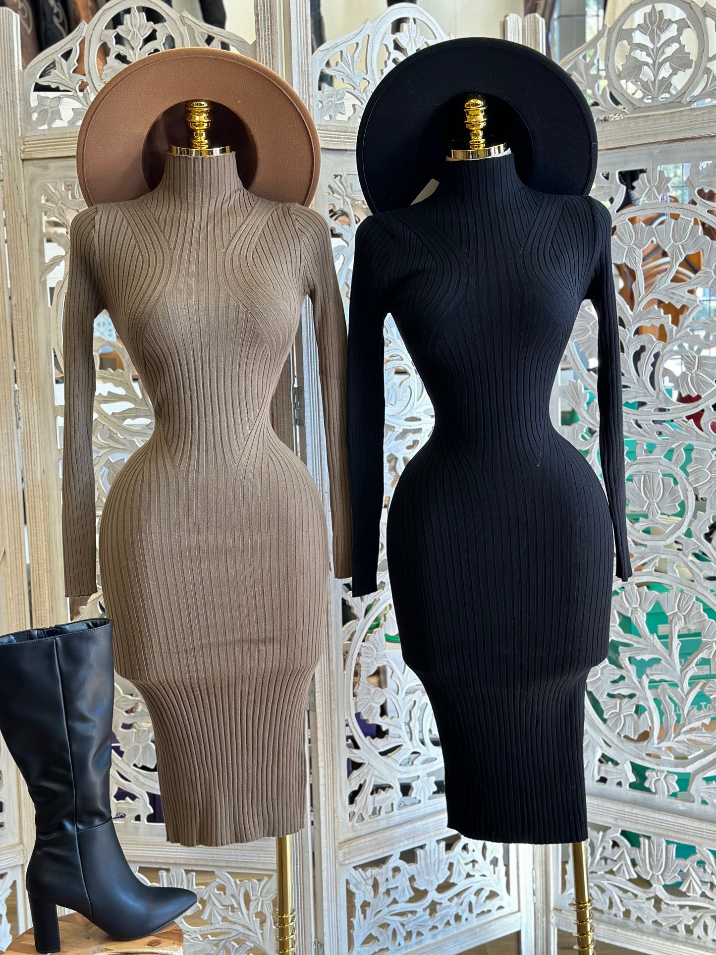 Mock Neck Ribbed Fitted Midi Sweater Dress- Stretchy,Estira