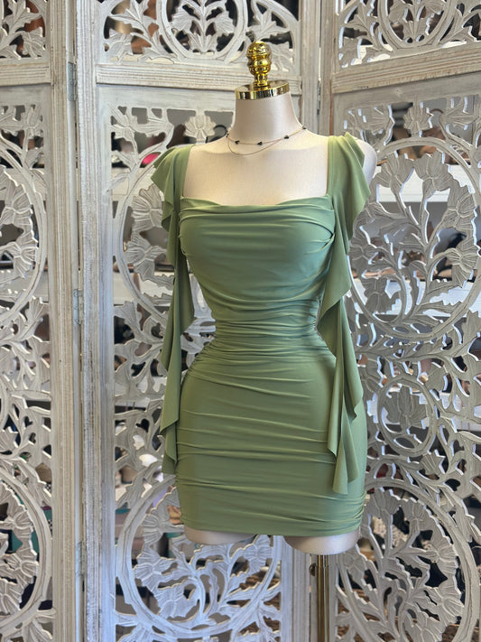 Green Flutter Sleeve Mini Dress-Estira, Stretchy