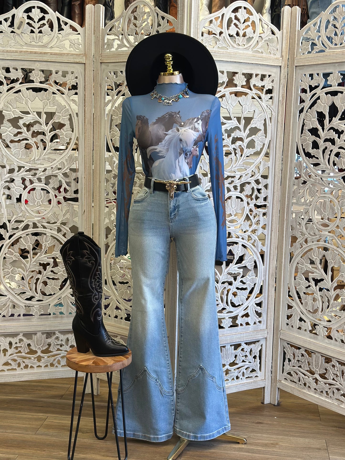 Blue Horse Print Mesh Top