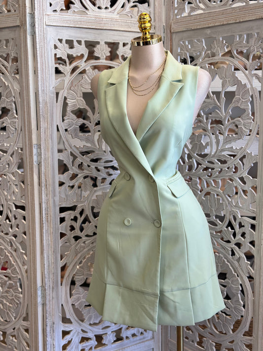 Light Green Vest Crossover Dress- Slightly Stretchy , Estira Poco
