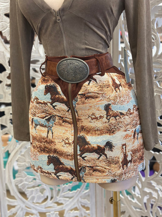 Horse Print Zipper Mini Skirt- No Estira, Not Stretchy