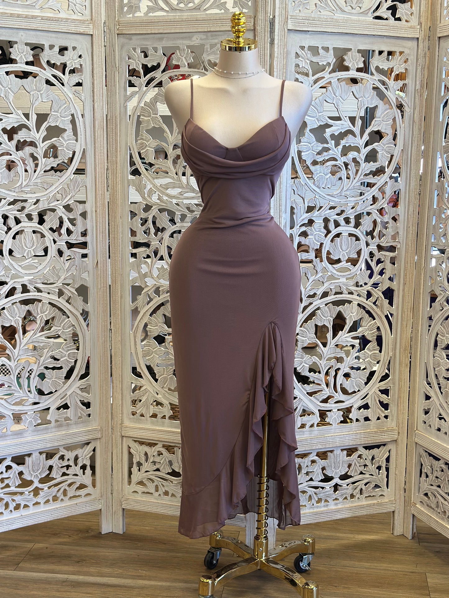 Deep Mauve Draped Ruffle Midi Dress-Estira, Stretchy