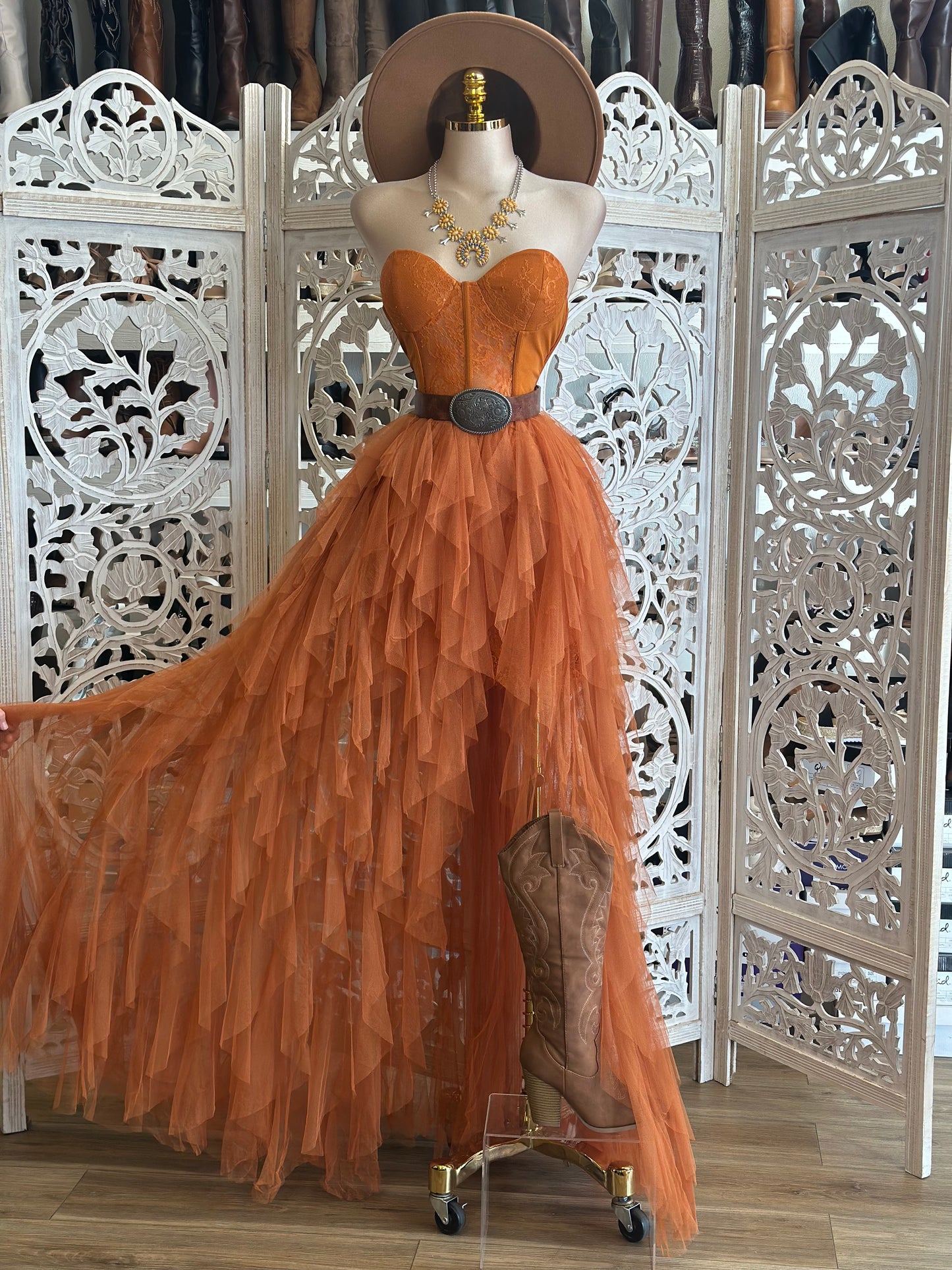 Coral Corset Ruffle Maxi Dress- Stretchy,Estira